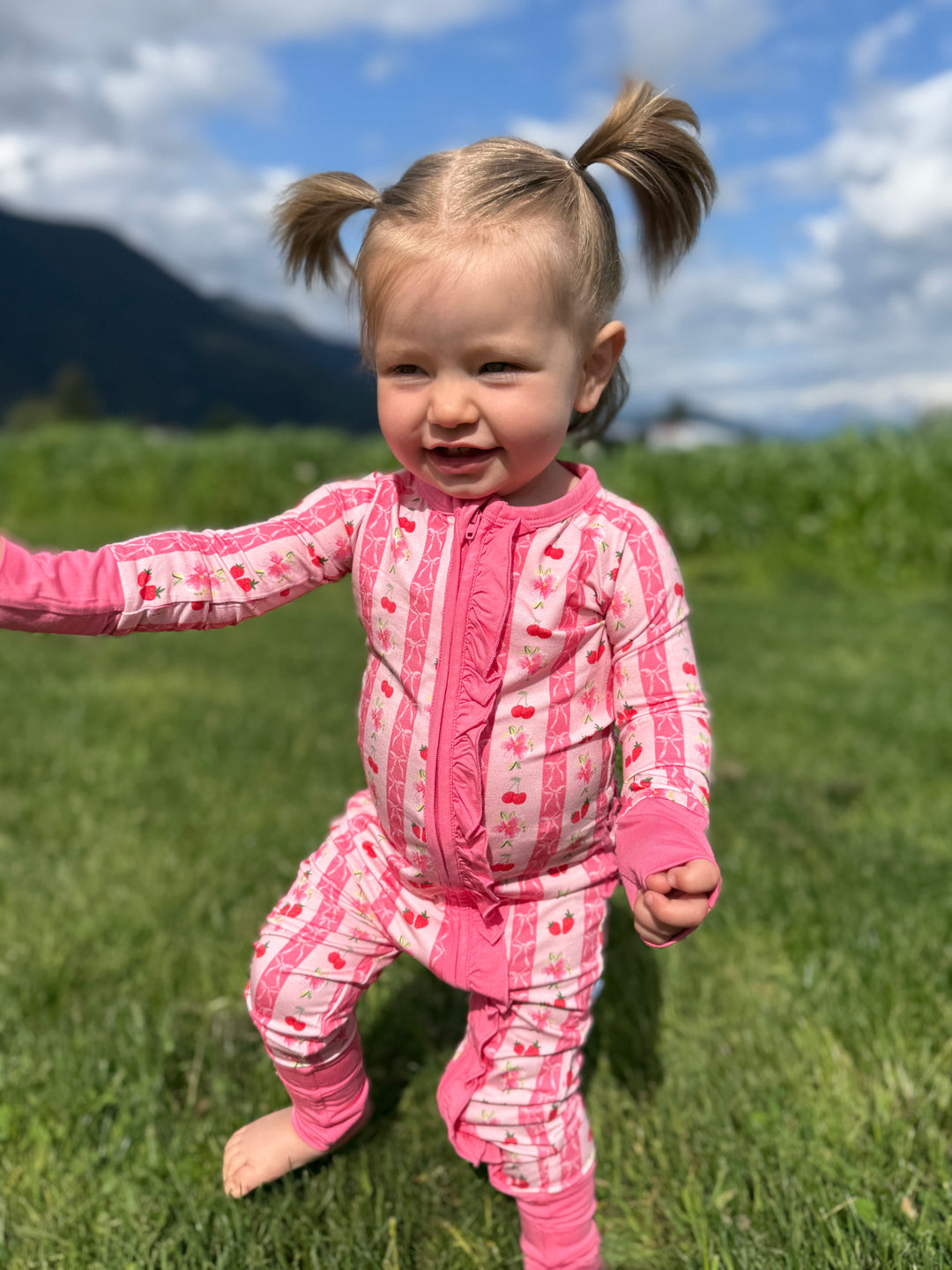 Convertible Footed One Piece - Pink Strawberry & Cherry Bows