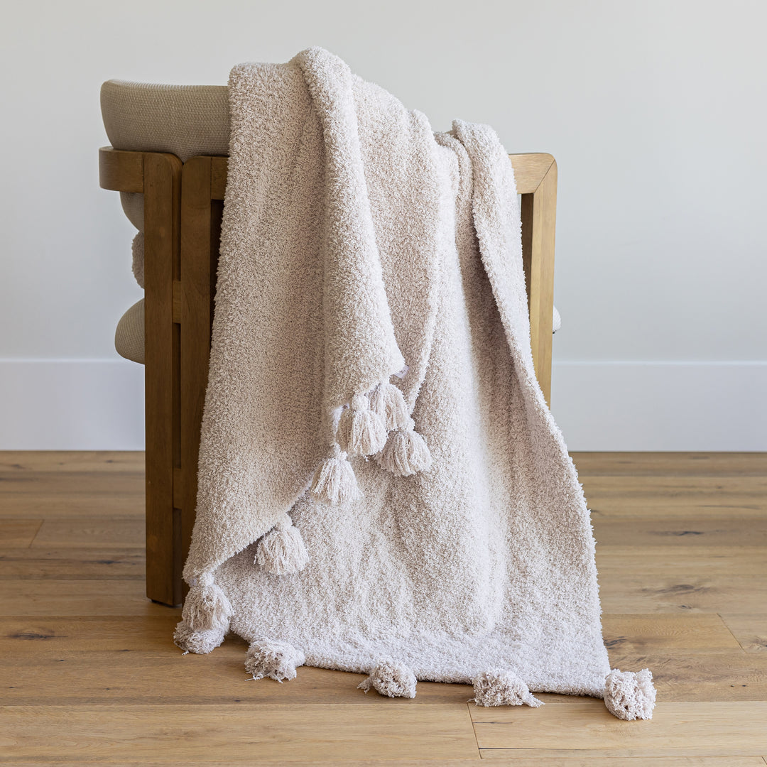Blushing Beige Solid Double Layer with Tassels Print Extended Throw