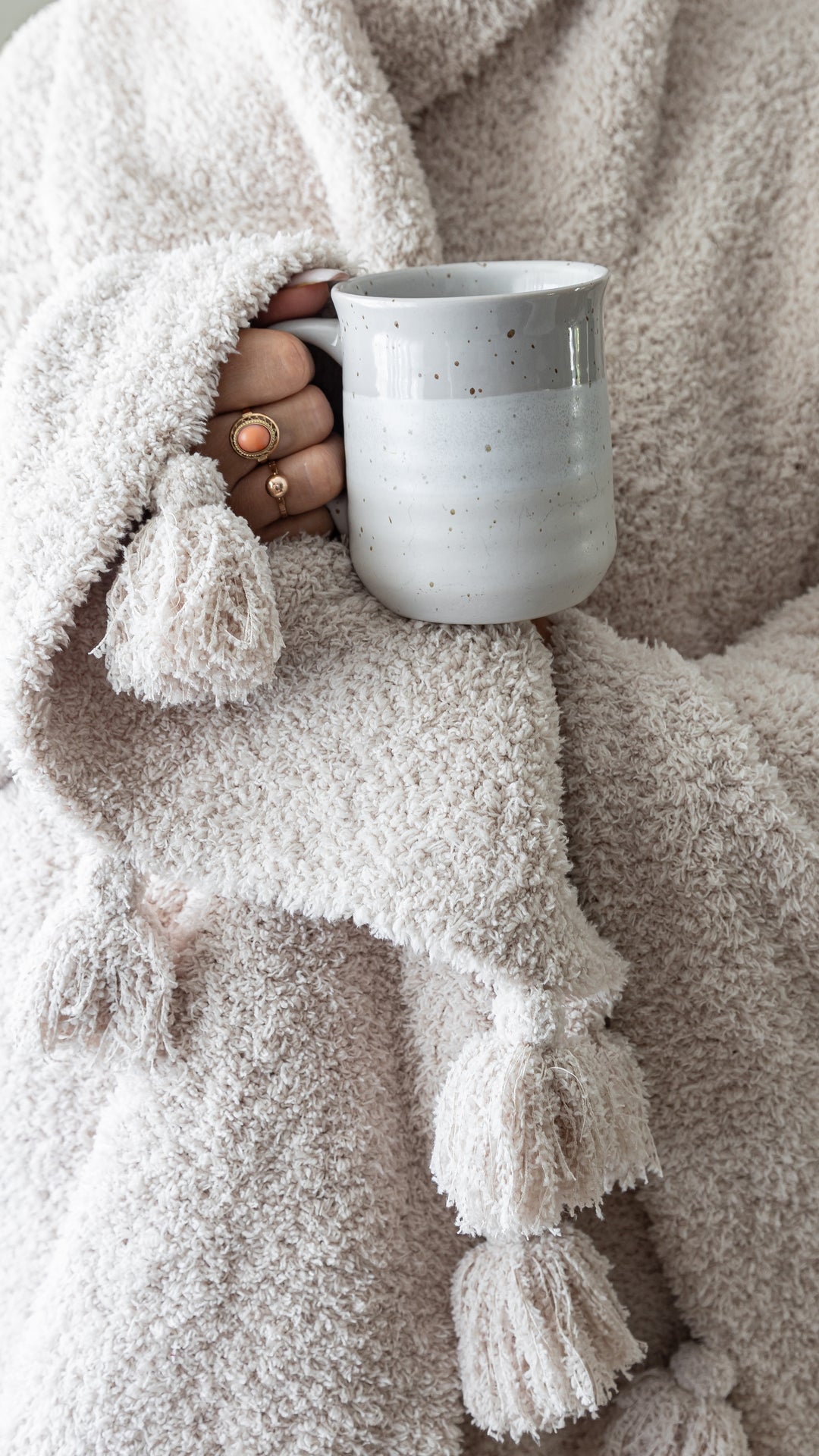 Blushing Beige Solid Double Layer with Tassels Print Extended Throw