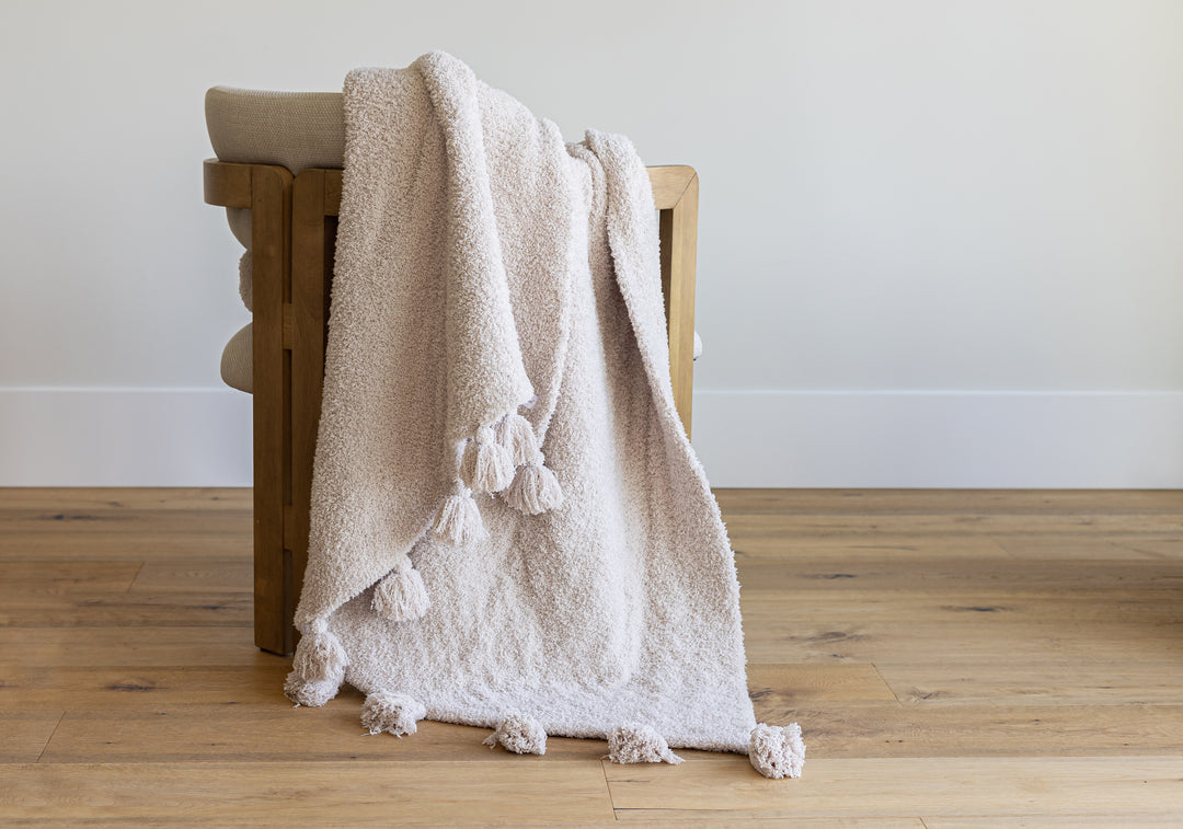 Blushing Beige Solid Double Layer with Tassels Print Extended Throw