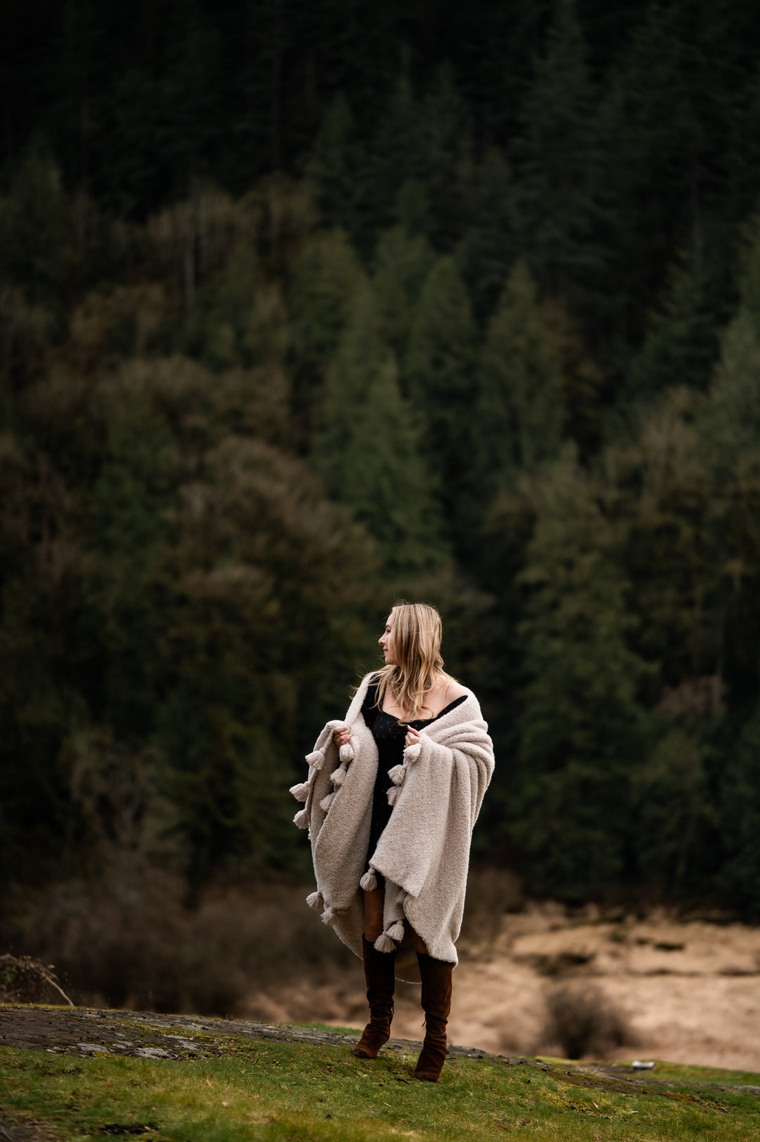 Blushing Beige Solid Double Layer with Tassels Print Extended Throw