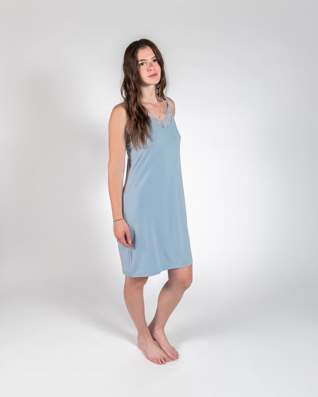 Ladies Lace Trimmed Nightie - Dusty Blue