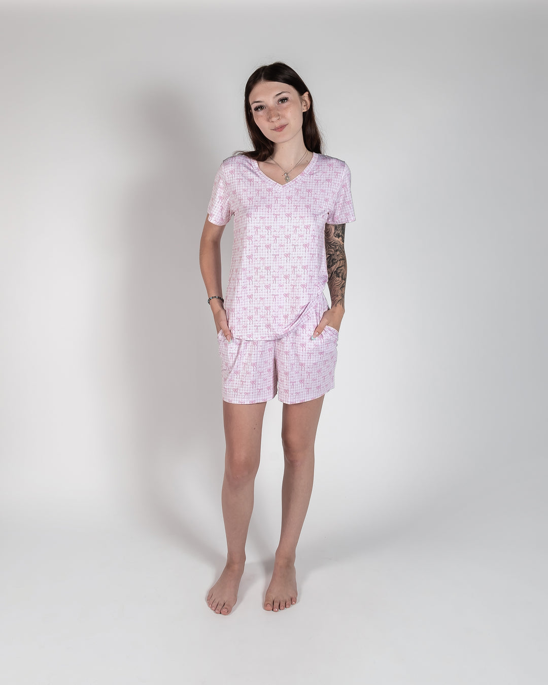 Ladies T-Shirt & Short PJ Set - Pink Gingham & Bows