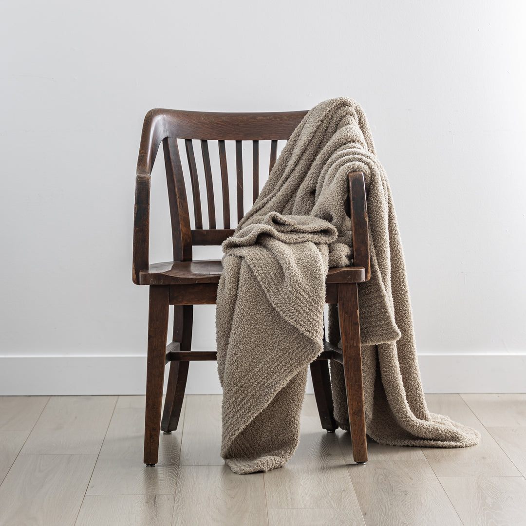 Dark Greige Solid Ribbed Border Extended Throw