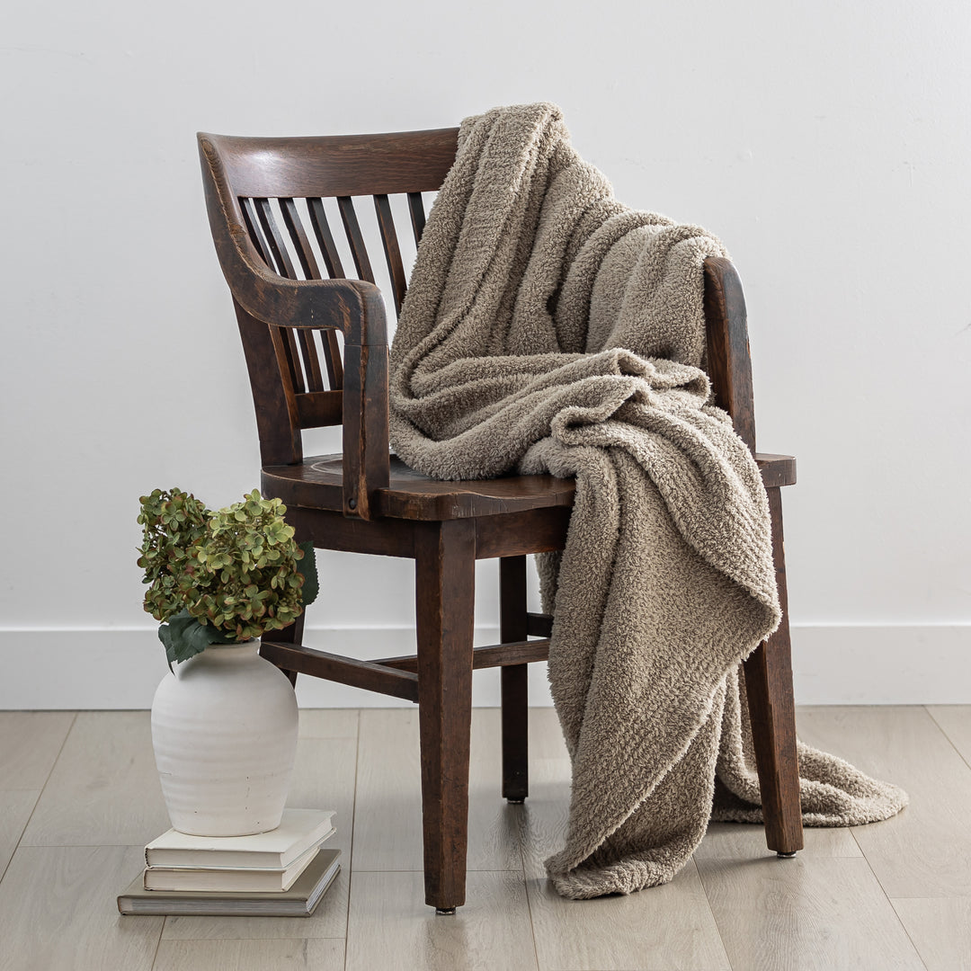Dark Greige Solid Ribbed Border Extended Throw