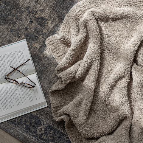 Dark Greige Solid Ribbed Border Extended Throw