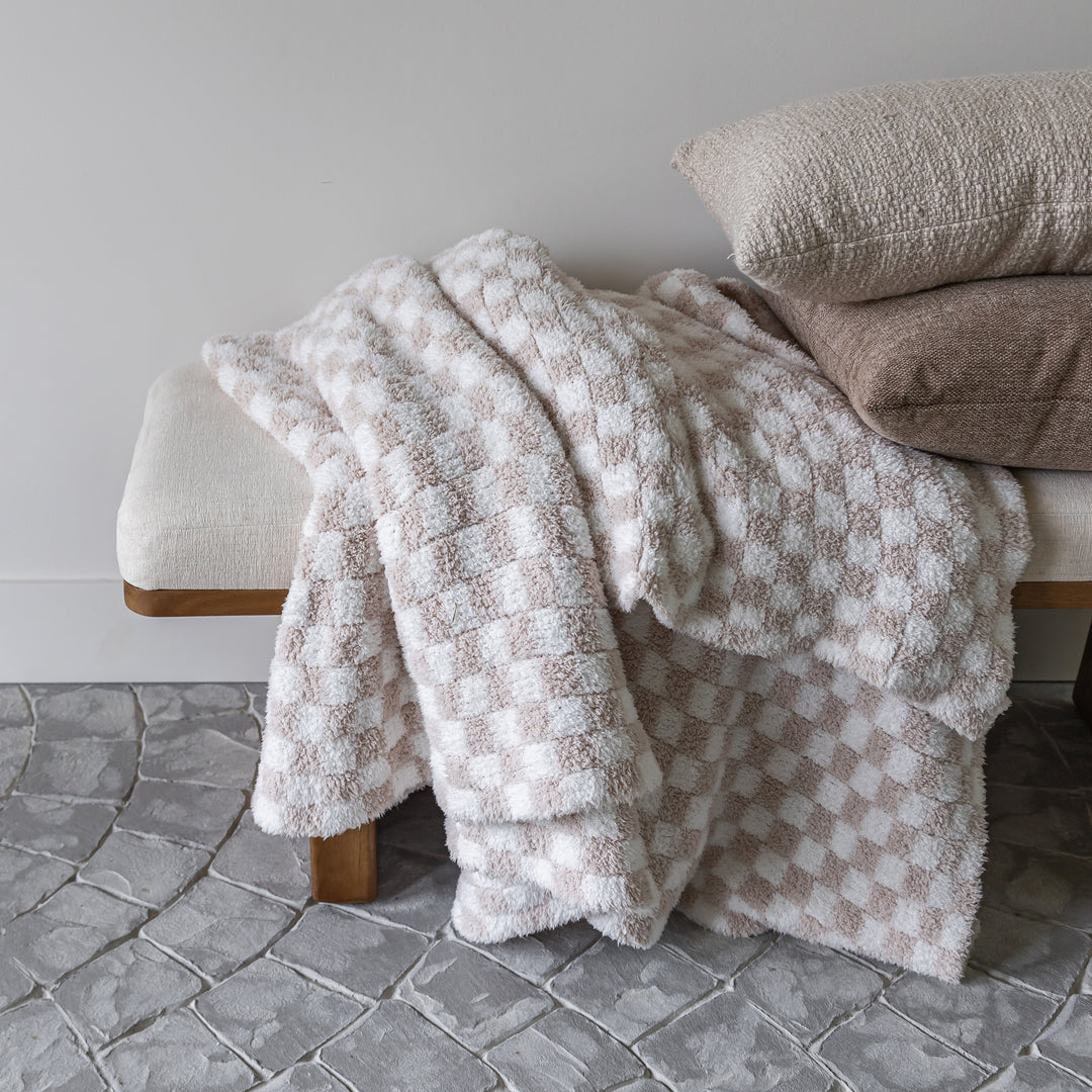 Blushing Beige & White Check Print Extended Throw