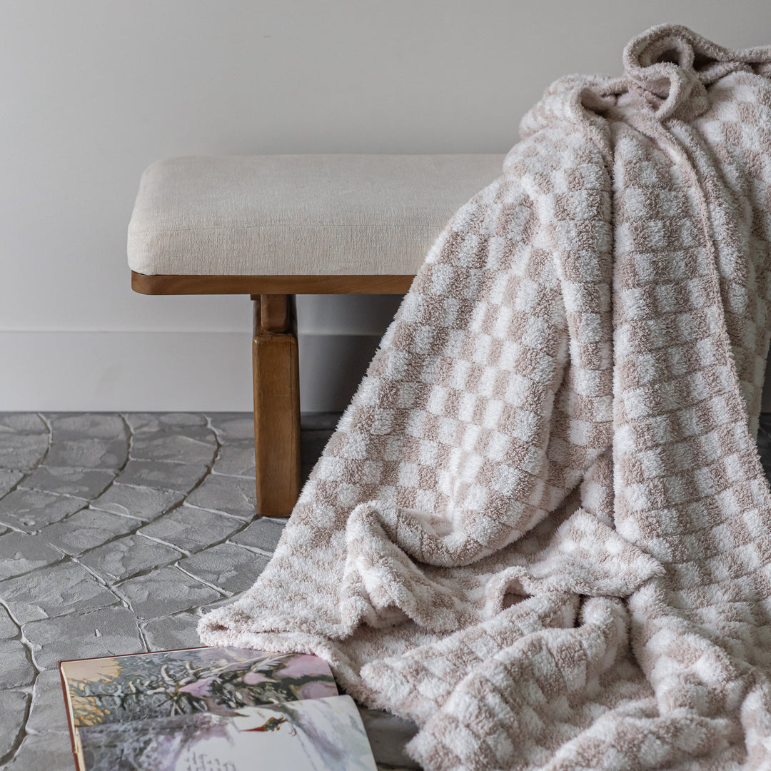 Blushing Beige & White Check Print Extended Throw