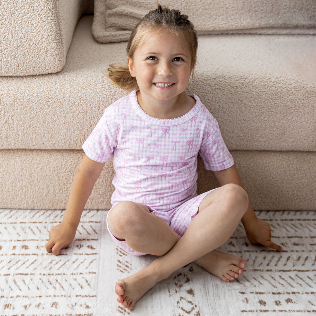 Kids Short PJ Set - Pink Gingham &amp; Bows