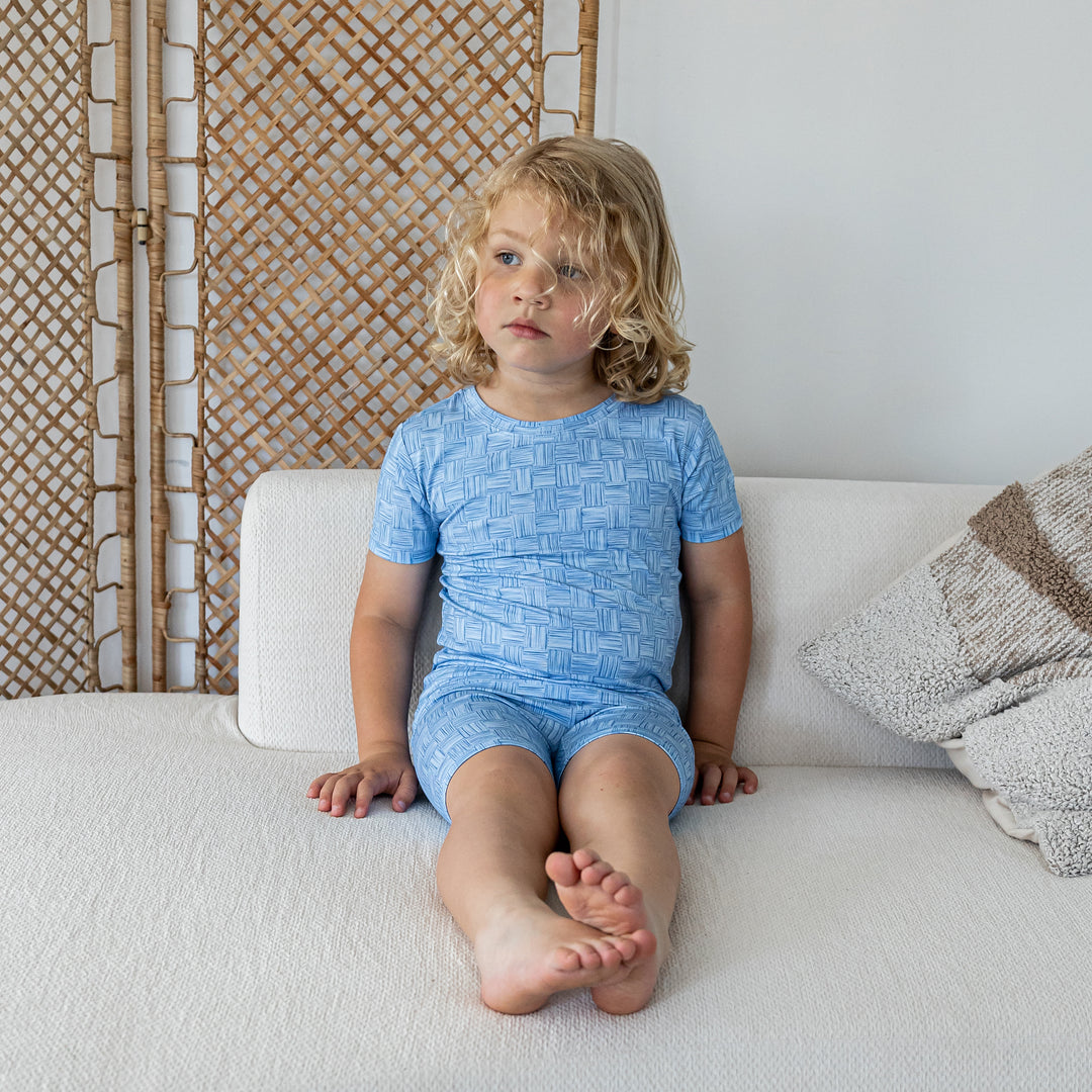 Kids Short PJ Set - Blue Watercolour Checker