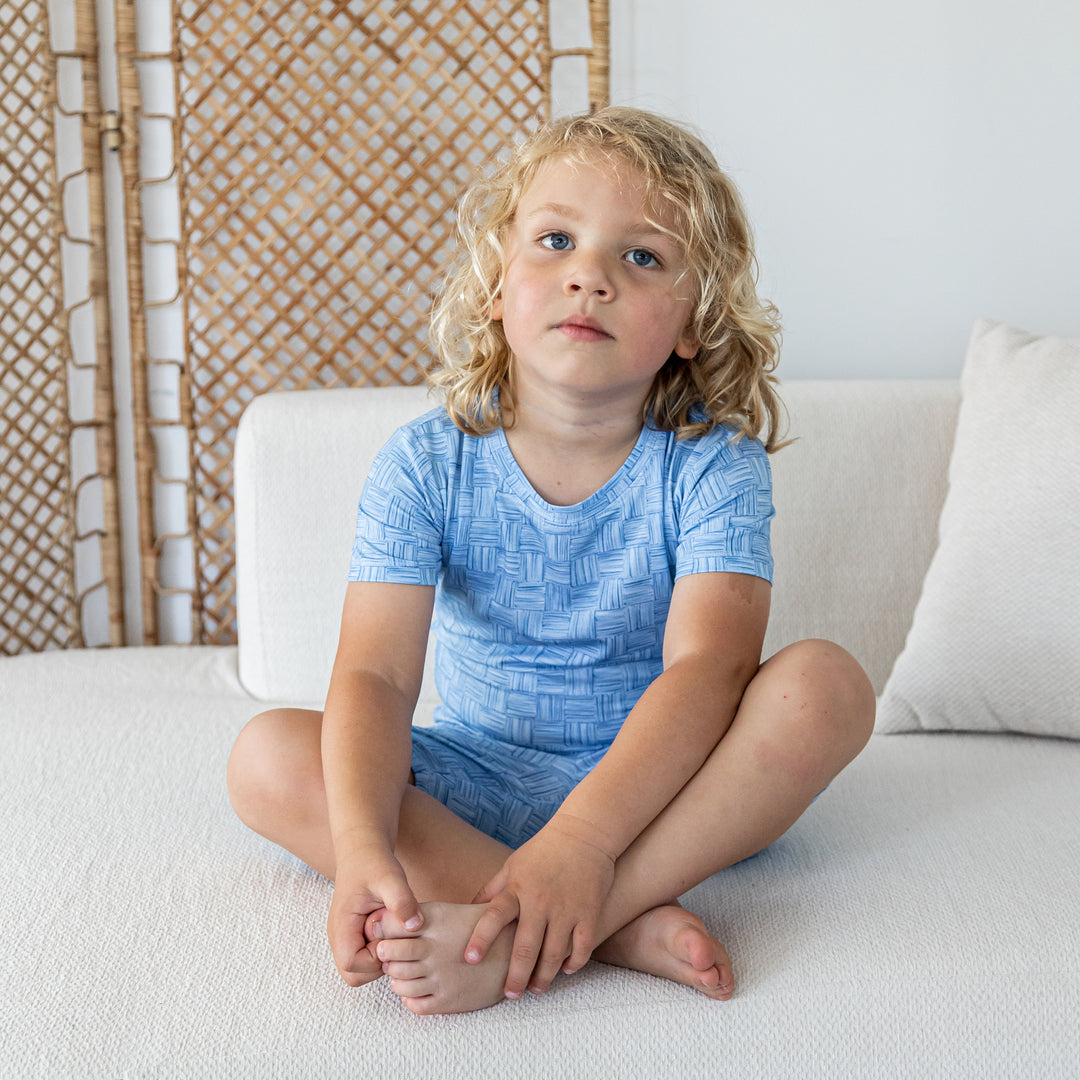 Kids Short PJ Set - Blue Watercolour Checker
