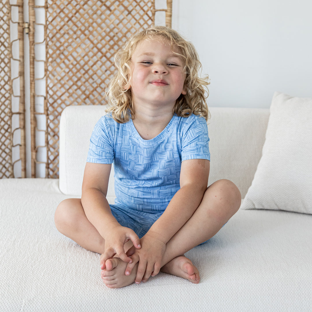 Kids Short PJ Set - Blue Watercolour Checker