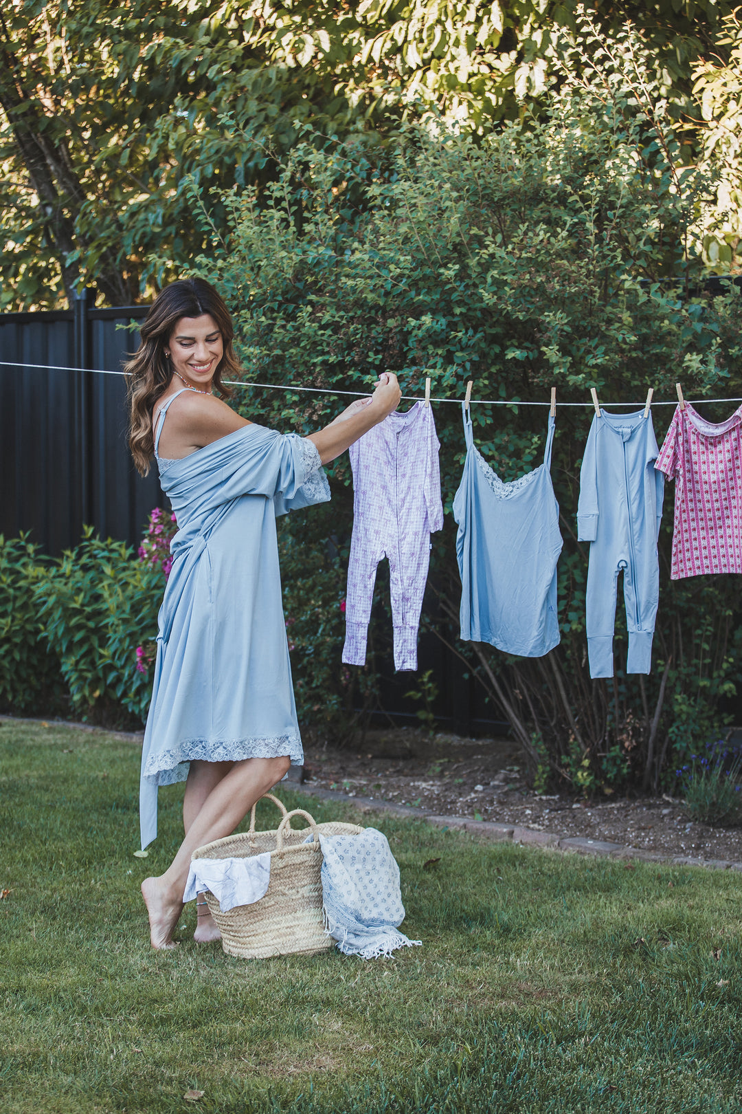 Ladies Lace Trimmed Robe - Dusty Blue