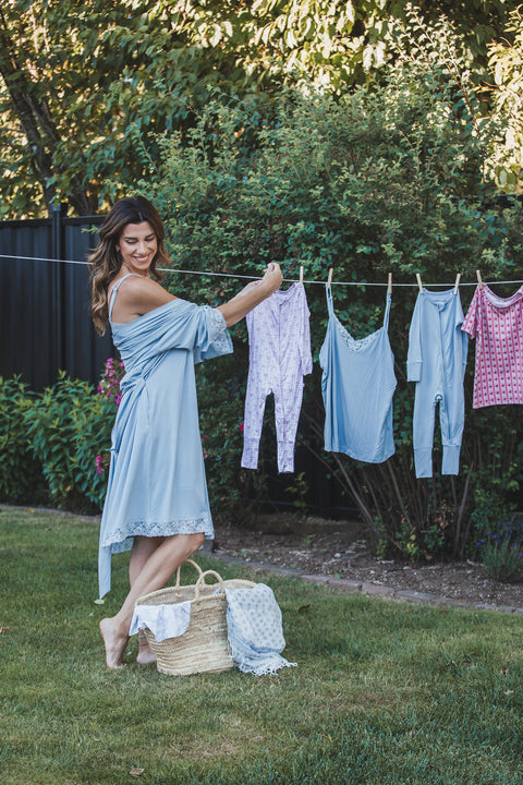 Ladies Lace Trimmed Robe - Dusty Blue