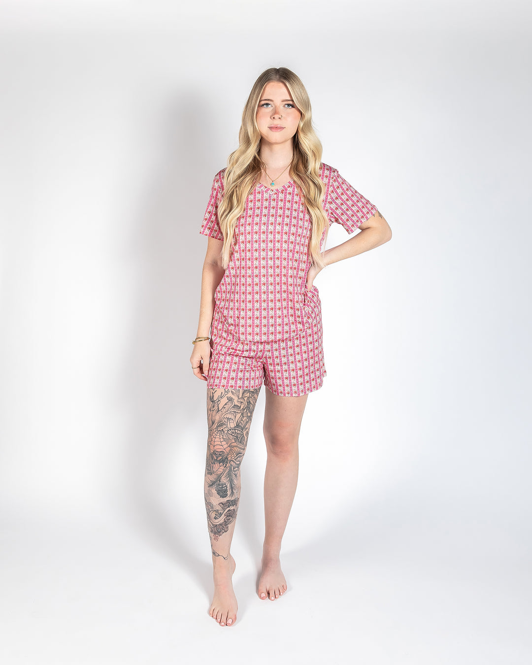 Ladies T-Shirt & Short PJ Set - Rose & Bows
