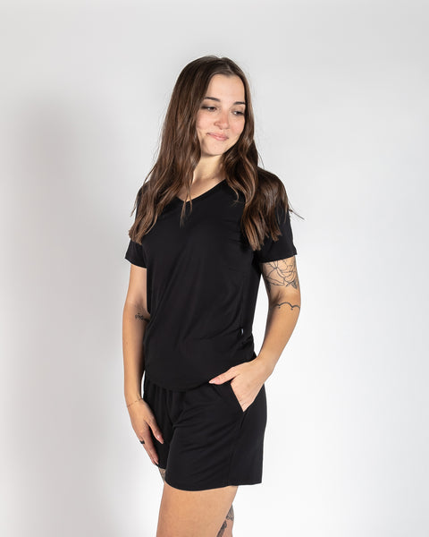 Ladies T-Shirt & Short PJ Set - Basic Black