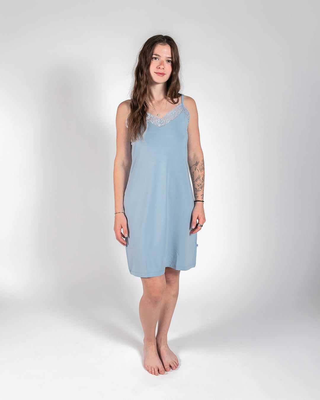 Ladies Lace Trimmed Nightie - Dusty Blue