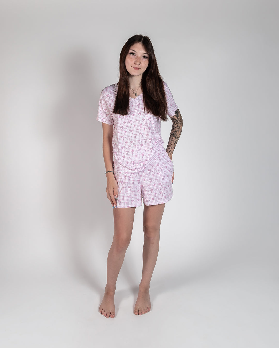 Ladies T-Shirt & Short PJ Set - Pink Gingham & Bows
