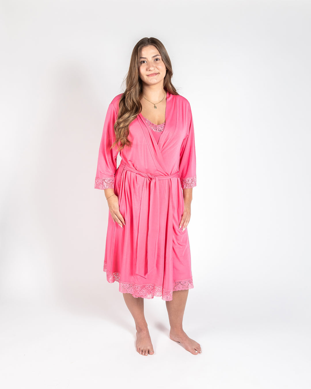 Ladies Lace Trimmed Robe - Pink Lemonade