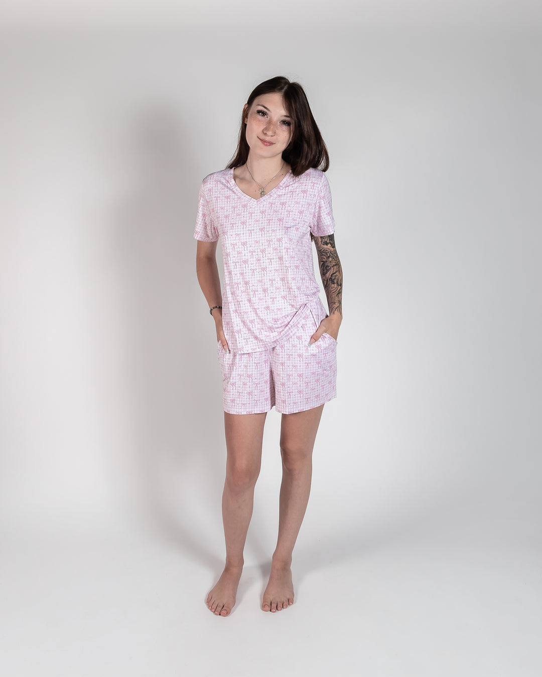 Ladies T-Shirt & Short PJ Set - Pink Gingham & Bows