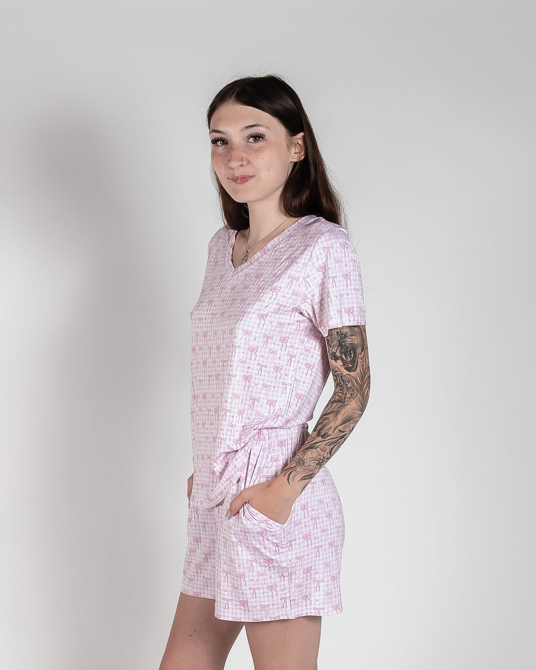 Ladies T-Shirt & Short PJ Set - Pink Gingham & Bows
