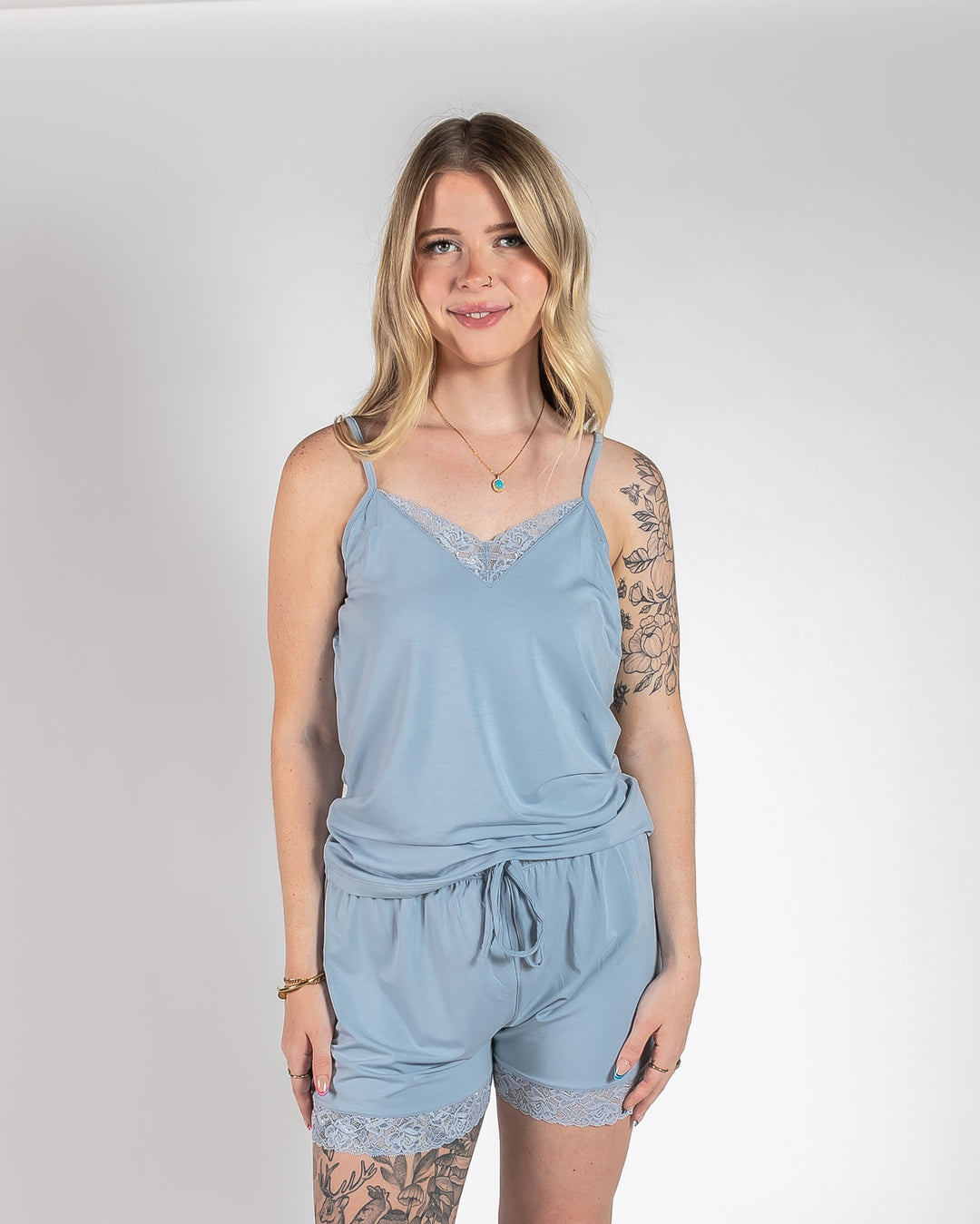 Ladies Lace Trimmed Cami & Short PJ Set - Dusty Blue