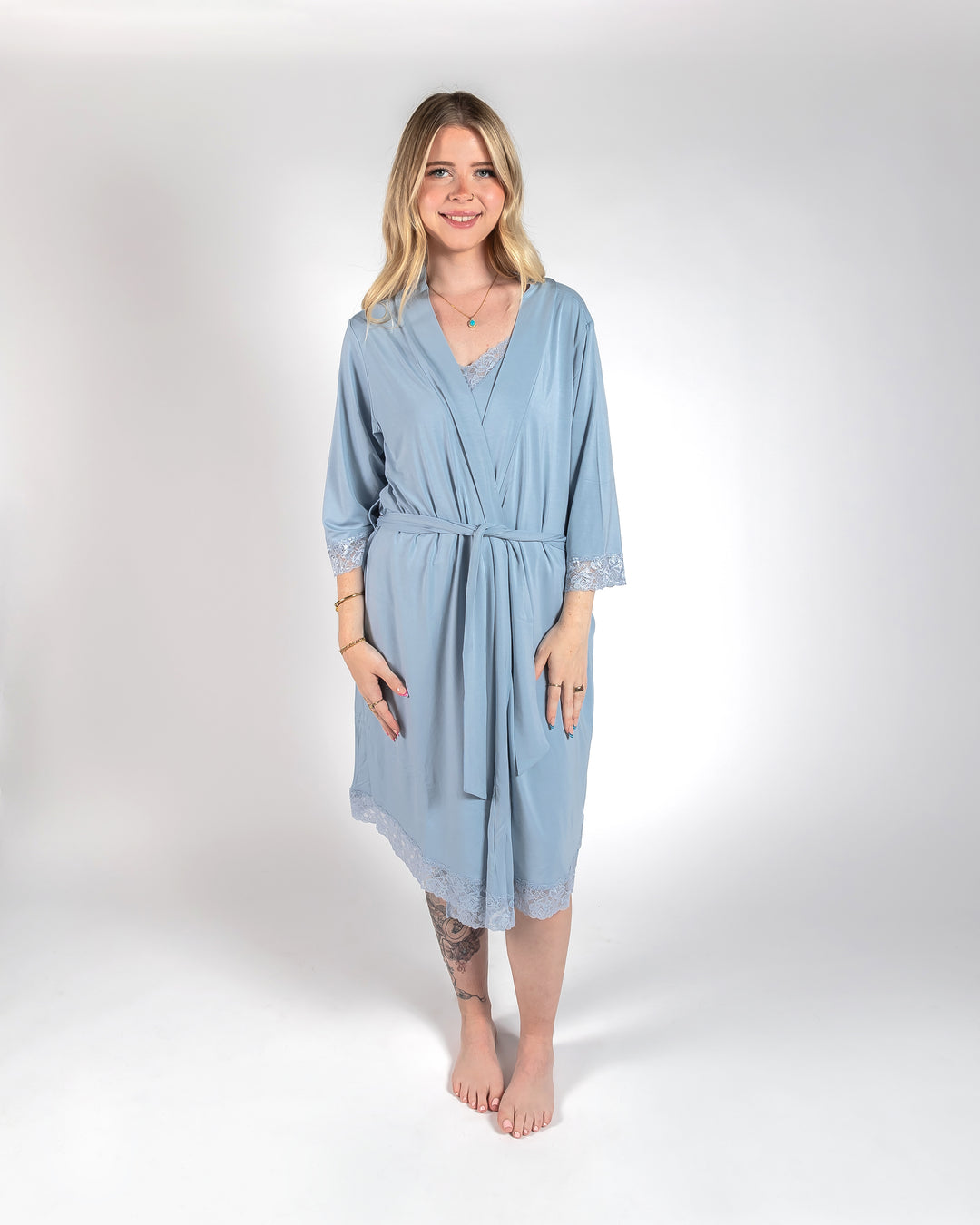 Ladies Lace Trimmed Robe - Dusty Blue