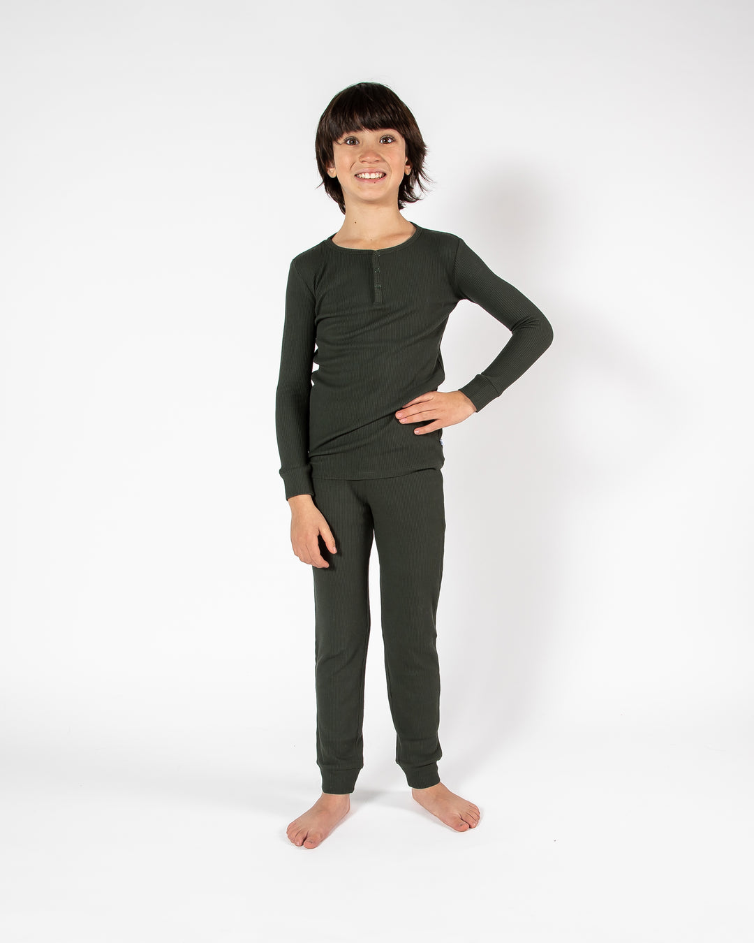 Deep Forest Green Waffle Two Piece Long Pajama Set