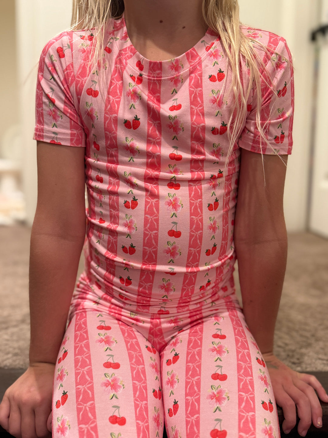 Kids Pink Strawberry & Cherry Bows Pajama Pants