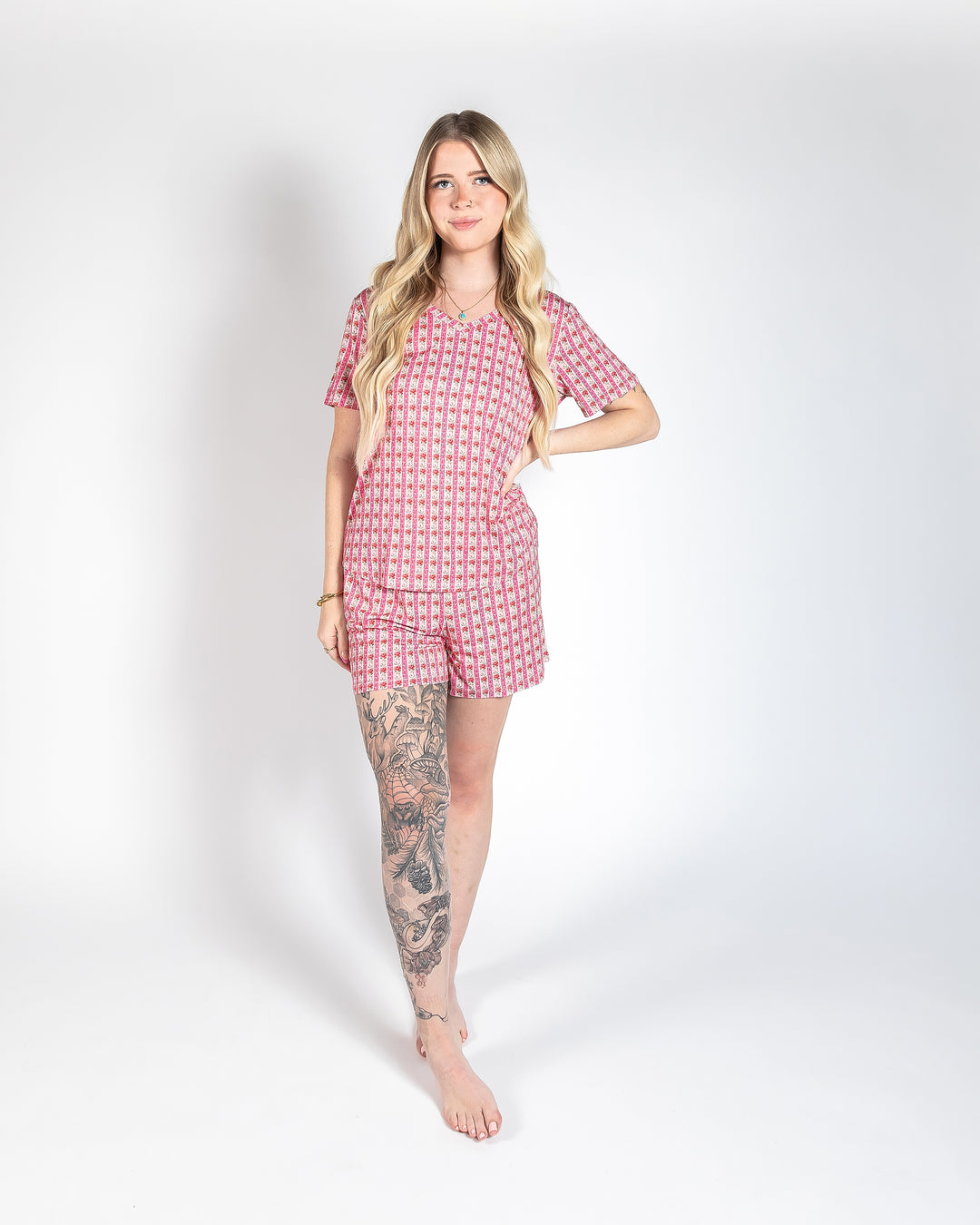 Ladies T-Shirt & Short PJ Set - Rose & Bows