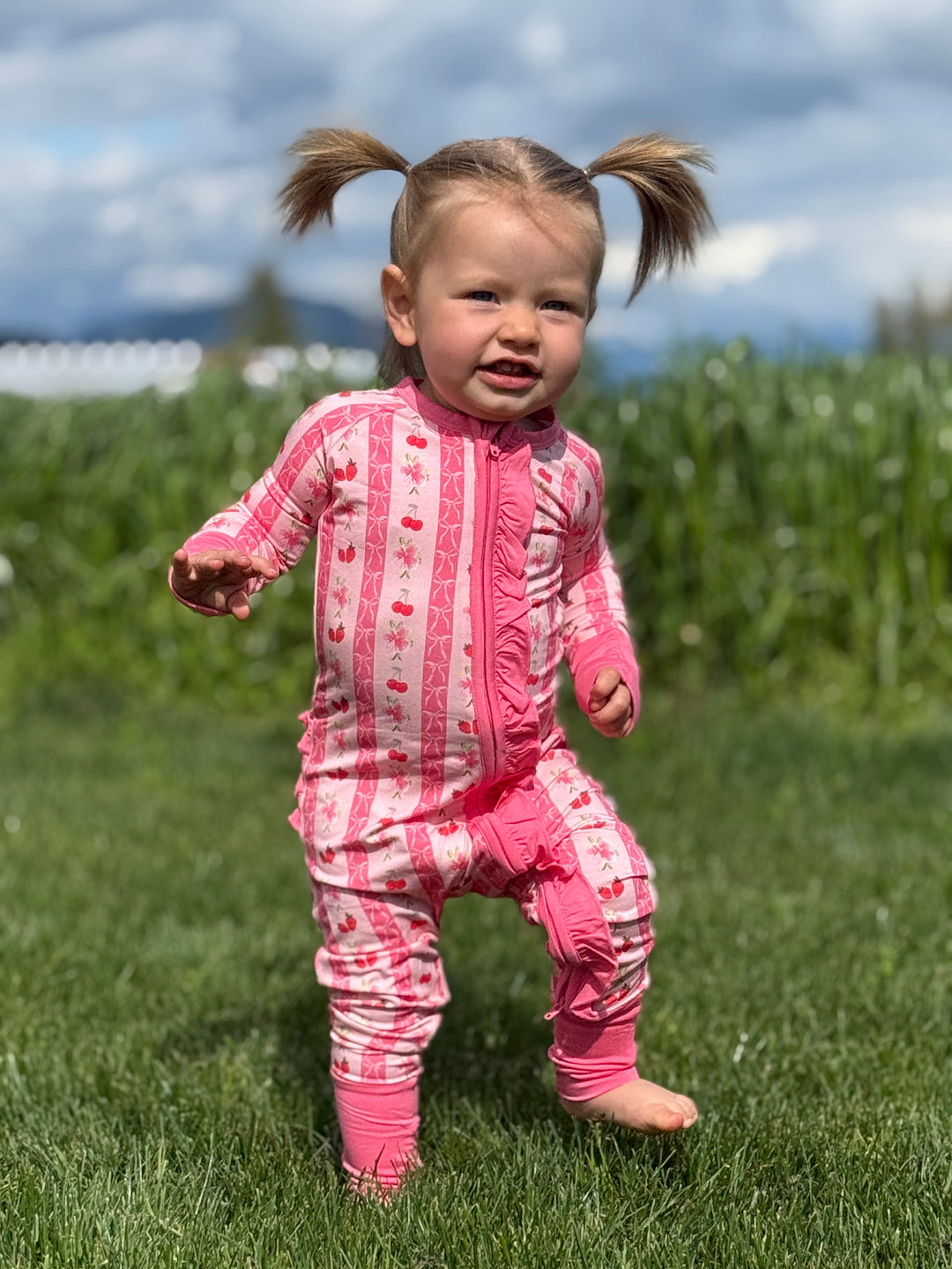 Convertible Footed One Piece - Pink Strawberry & Cherry Bows