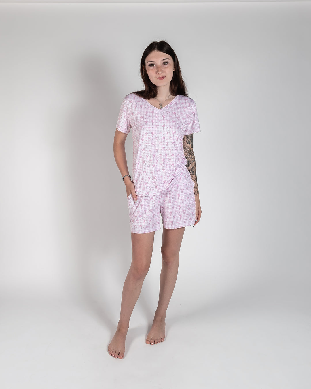 Ladies T-Shirt & Short PJ Set - Pink Gingham & Bows