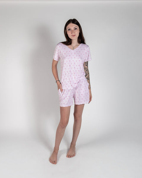 Ladies T-Shirt & Short PJ Set - Pink Gingham & Bows