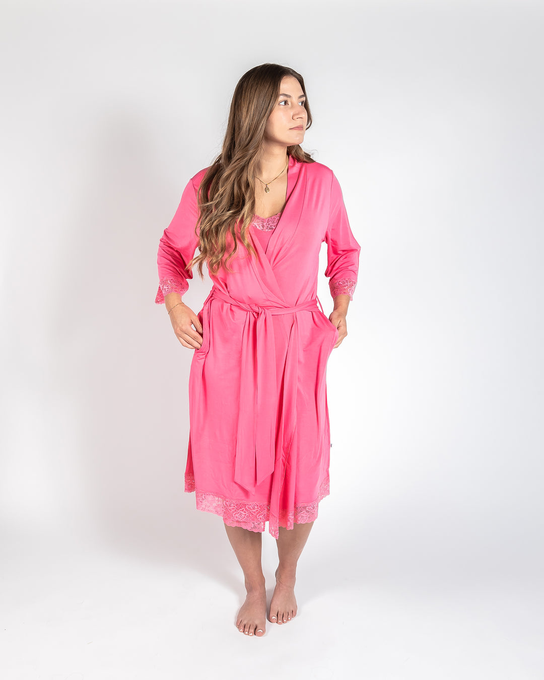 Ladies Lace Trimmed Robe - Pink Lemonade