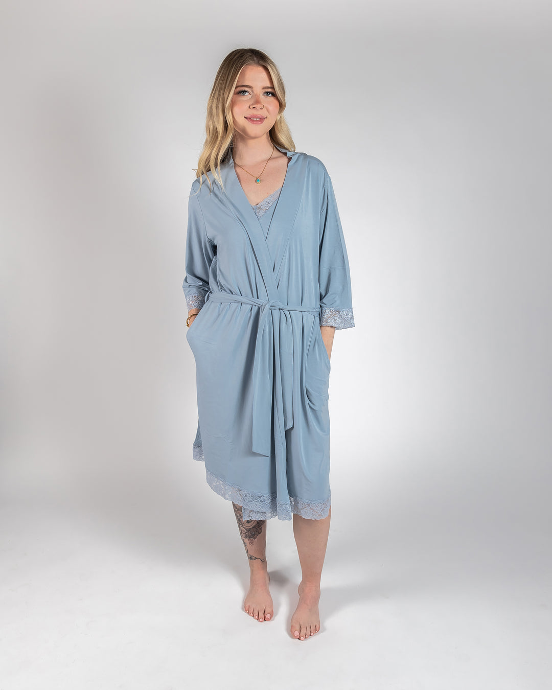 Ladies Lace Trimmed Robe - Dusty Blue