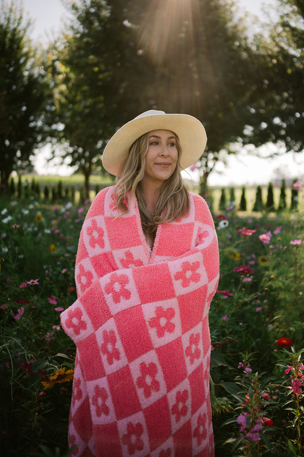 Hot Bright Pink Flower Power Checkerboard Print Extended Throw