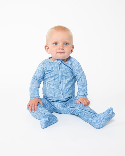 Convertible Footed Onesie - Blue Watercolour Checker