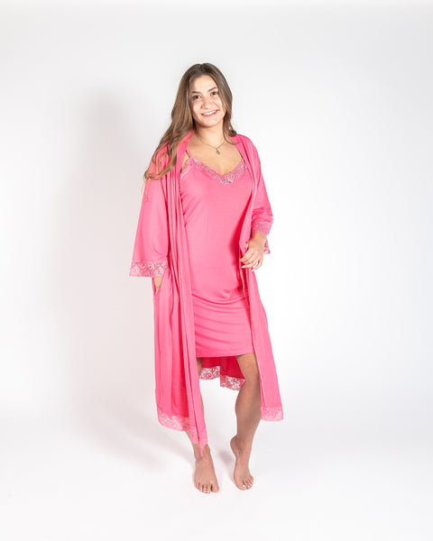 Ladies Lace Trimmed Robe - Pink Lemonade