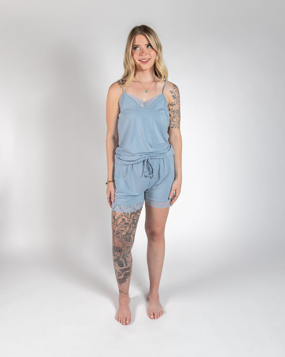 Ladies Lace Trimmed Cami & Short PJ Set - Dusty Blue