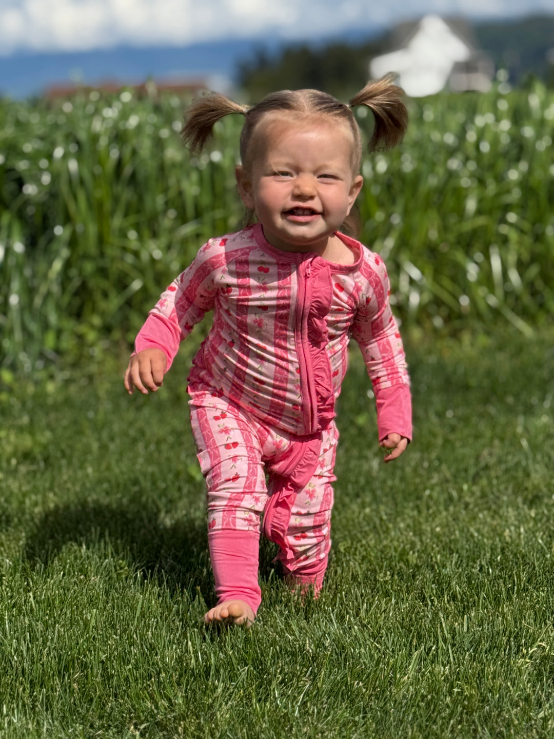 Convertible Footed One Piece - Pink Strawberry & Cherry Bows