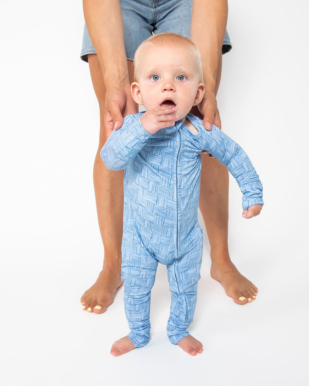 Convertible Footed Onesie - Blue Watercolour Checker