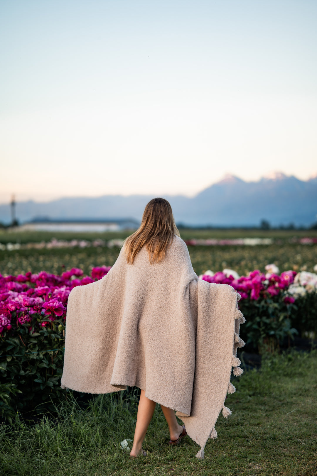 Greige Solid Double Layer with Tassels Print Extended Throw