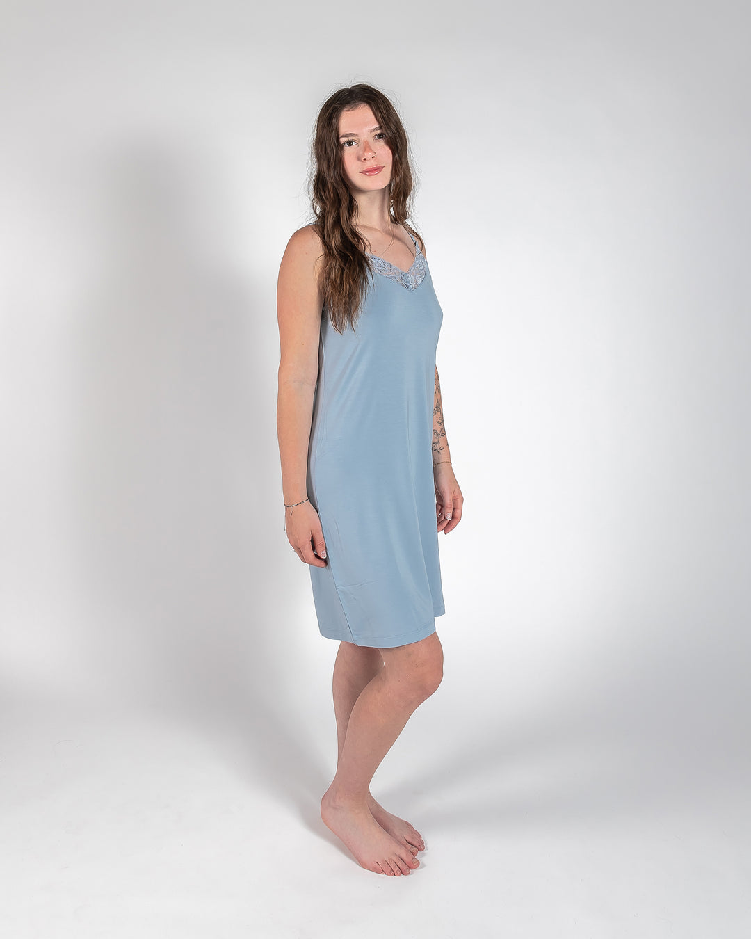 Ladies Lace Trimmed Nightie - Dusty Blue