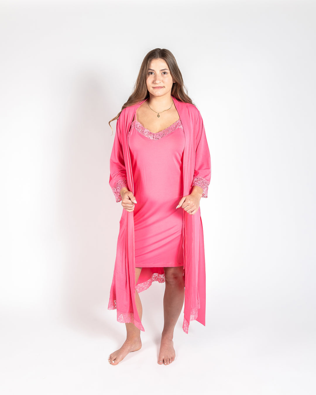 Ladies Lace Trimmed Robe - Pink Lemonade