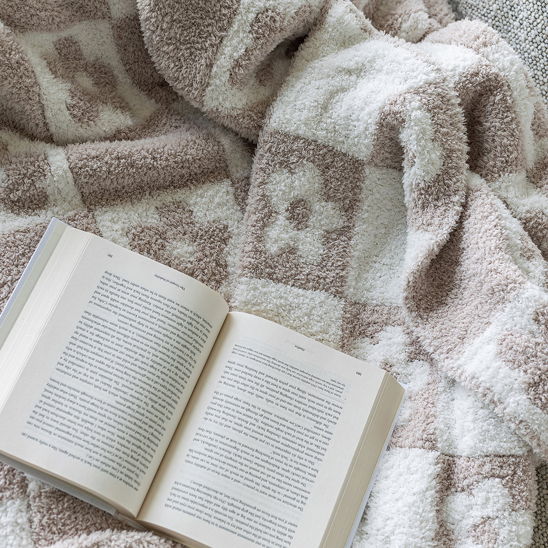 Blushing Beige & White Flower Power Checkerboard Print Extended Throw