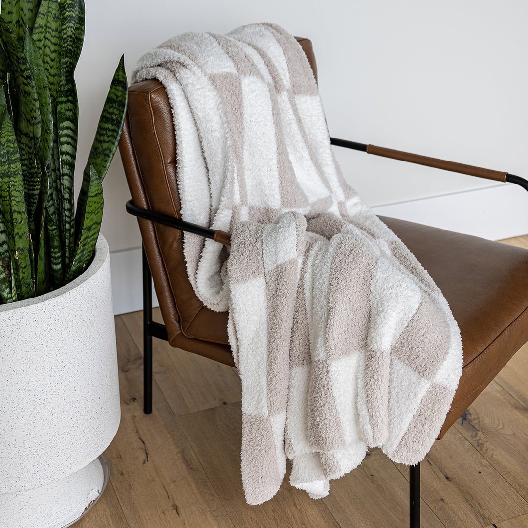 Blushing Beige and White Rectangular Check Print Throw