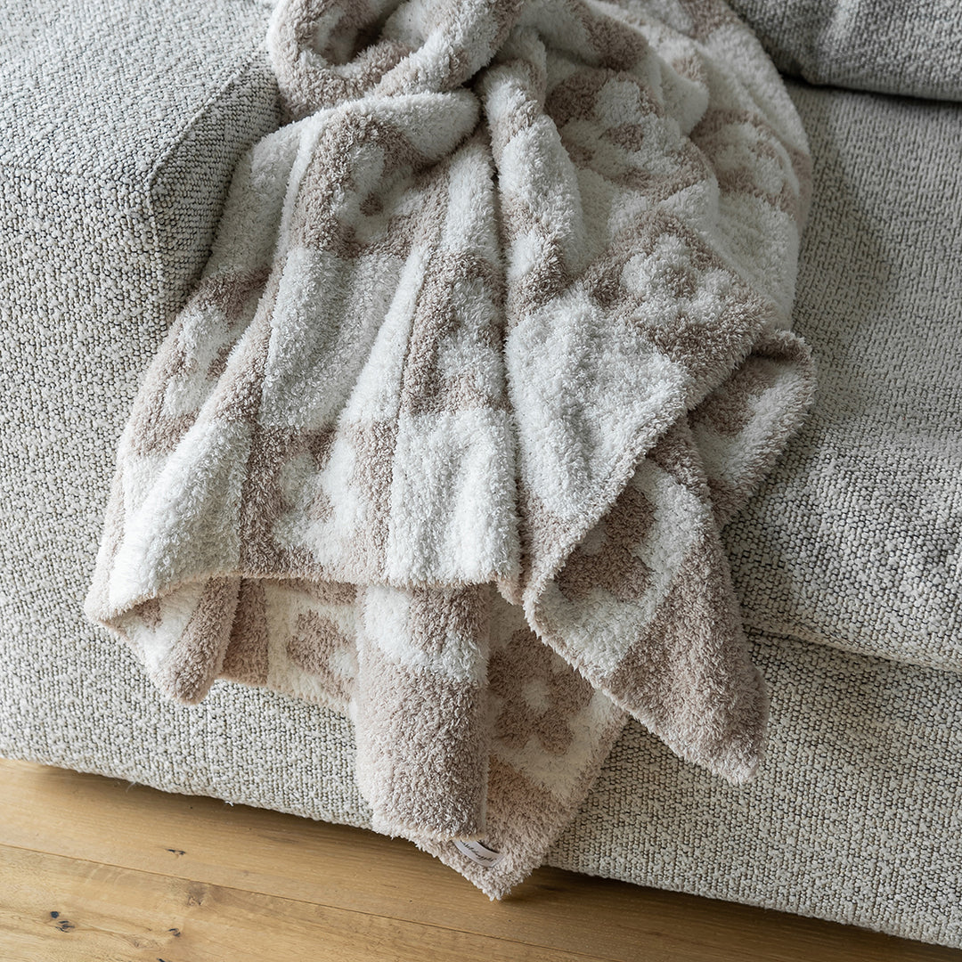 Blushing Beige & White Flower Power Checkerboard Print Extended Throw