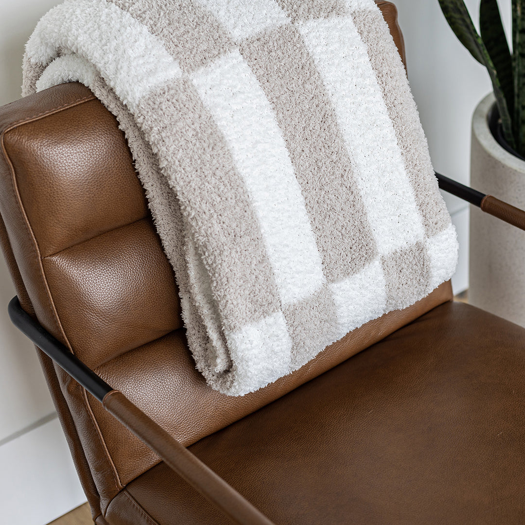 Blushing Beige and White Rectangular Check Print Throw