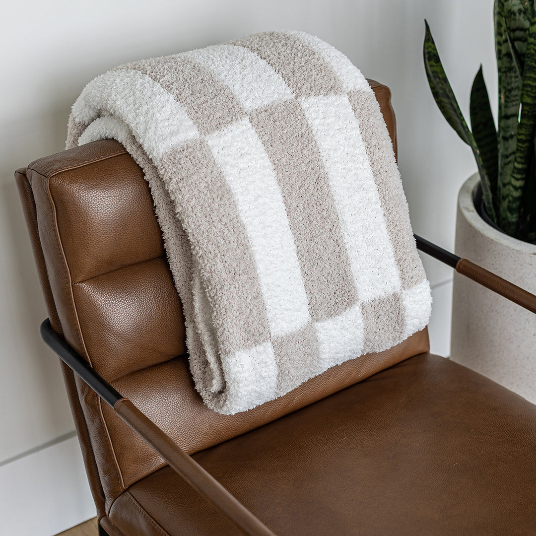 Blushing Beige and White Rectangular Check Print Throw
