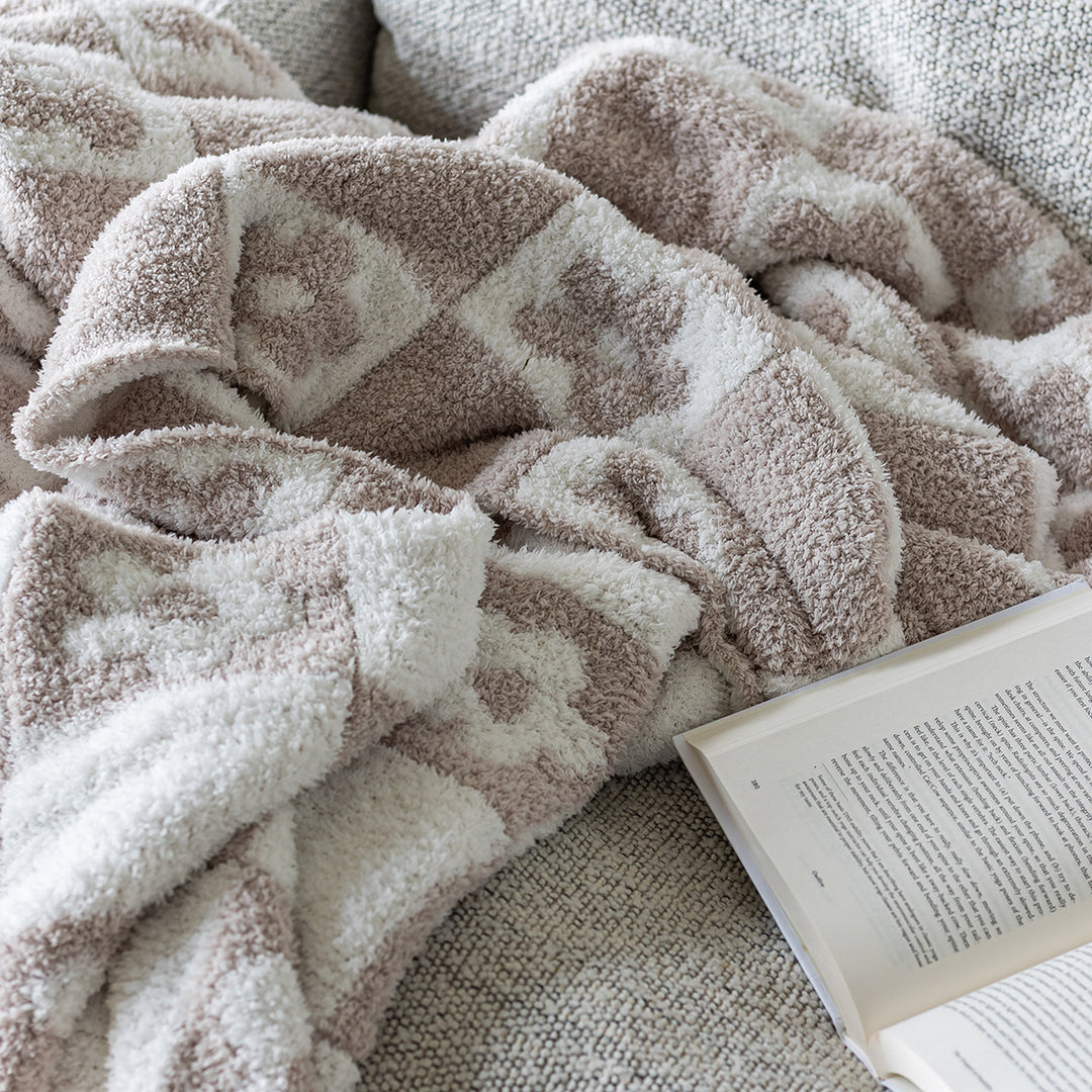 Blushing Beige & White Flower Power Checkerboard Print Extended Throw